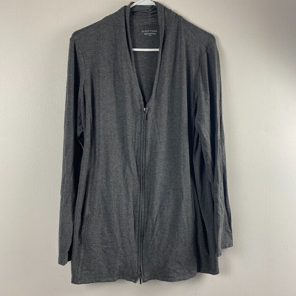 EILEEN FISHER GRAY V-NECK FULL ZIP Viscose Spandex JACKET POCKETS size Large - Picture 1 of 9